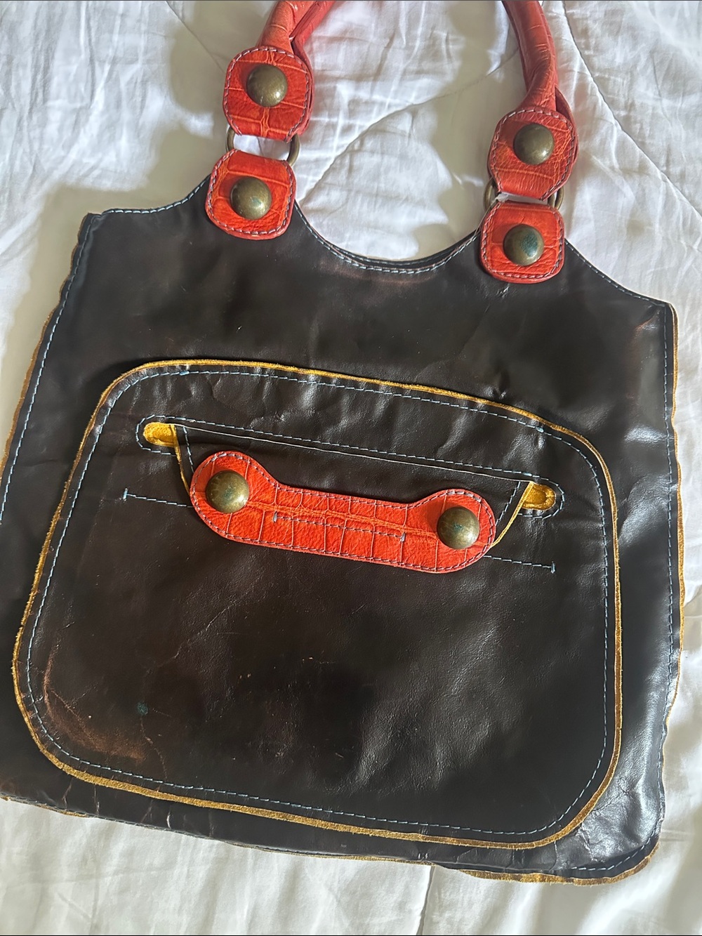 Women’s Brown Leather Tote with Orange Accent Handles - Picture 3 of 7